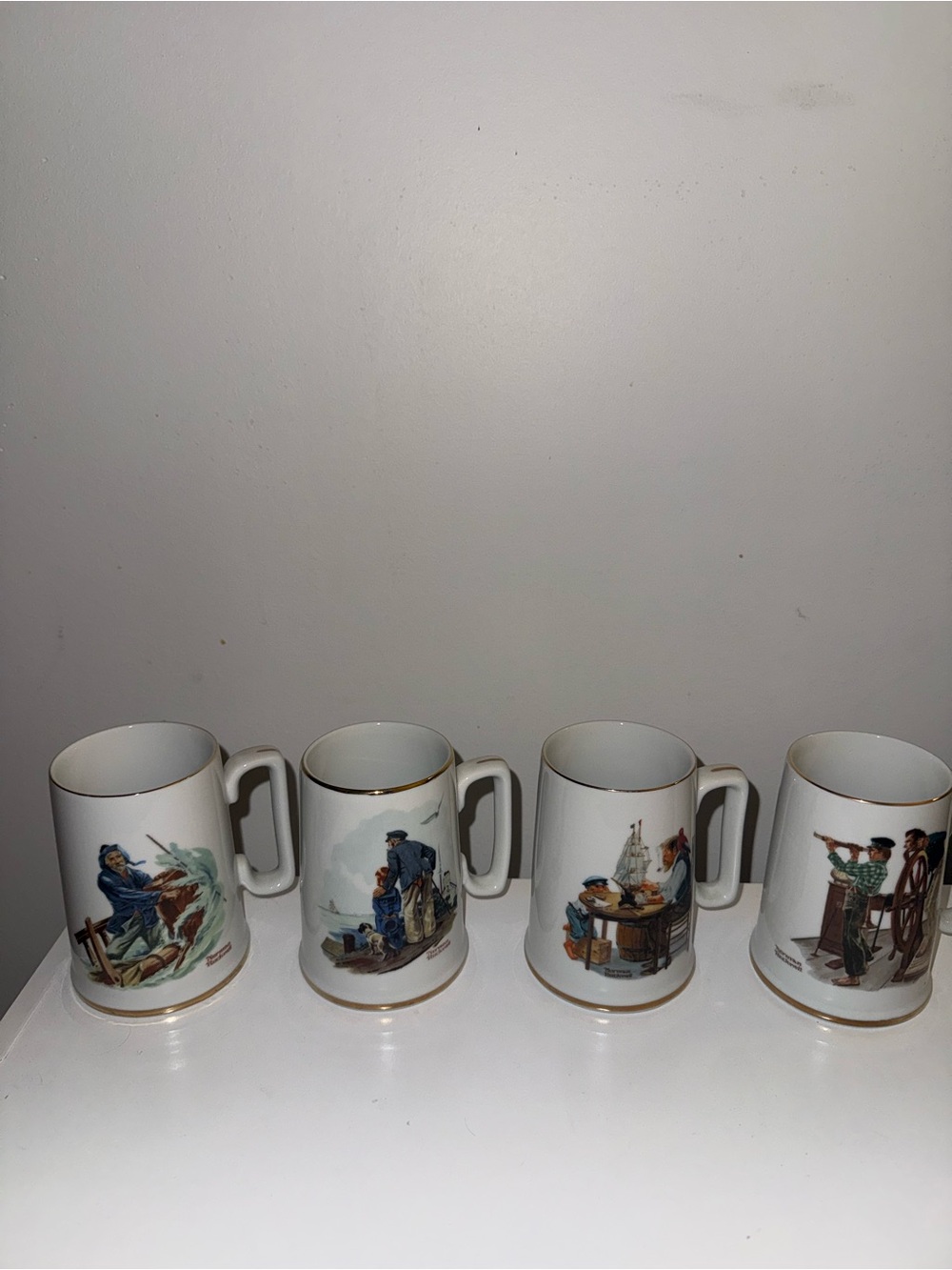 Norman Rockwell 1985 Set of 4 Ceramic Coffee Mugs Nautical Art Gold Trim